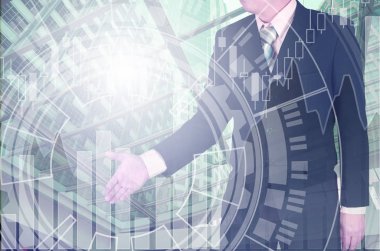 Büyüme grafik ch ile el sallayarak işadamı çift pozlama