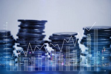 Çift pozlama madeni para ile şehir içinde mali grafik yığını ve