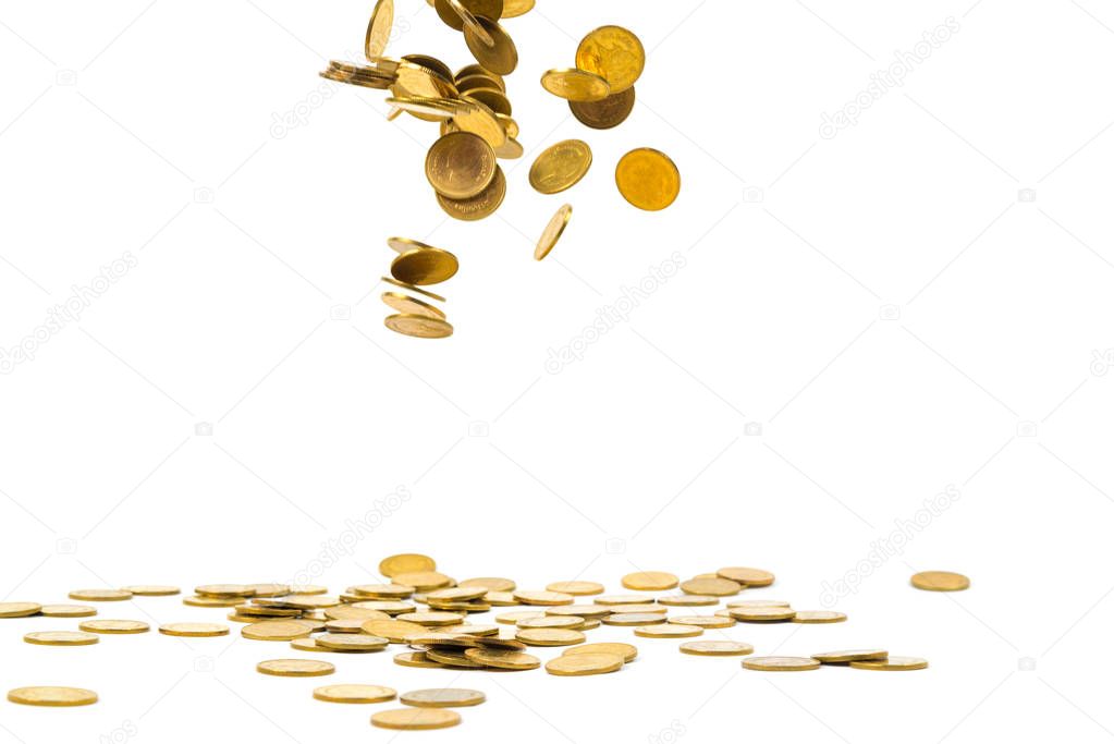 Falling gold coins money isolated on the white background, busin