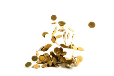 Düşen altın para busin beyaz arka plan üzerinde izole