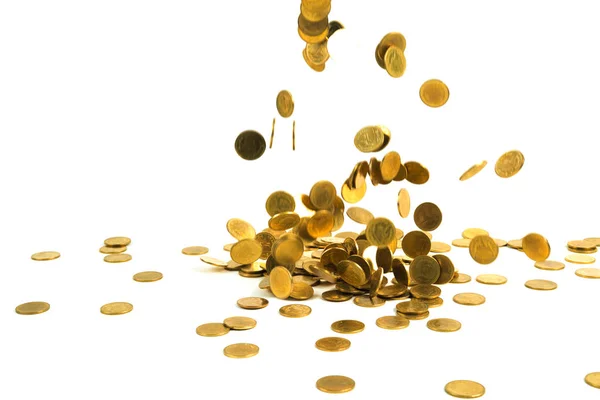 Padající zlaté mince peníze izolovaných na bílém pozadí, Bušín — Stock fotografie