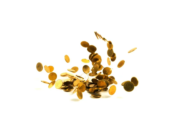 Fallande guldmynt pengar isolerat på den vita bakgrunden, busin — Stockfoto