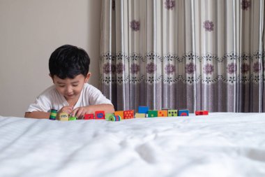 3 yıl eski küçük şirin Asyalı çocuk oynamak oyuncak ya da kare blok bulmaca evde yatakta, yalan blok şekli veya parçalar, eğitim ve sağlıklı kavramı oynayarak öğrenmek.