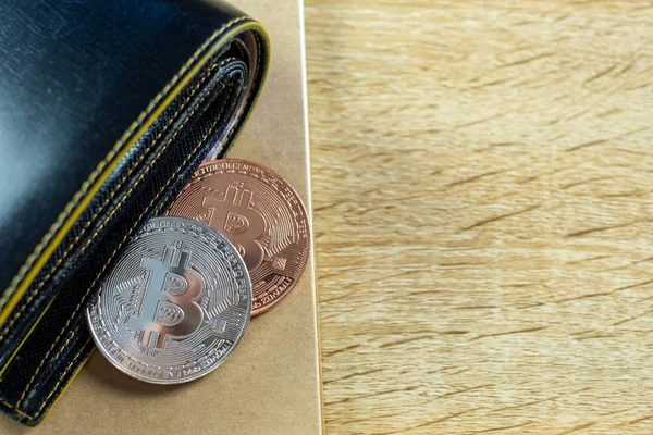 Bitcoin Waluty Cyfrowej Zamiast Prawdziwych Pieniędzy Bit Moneta Skóry Portfela — Zdjęcie stockowe