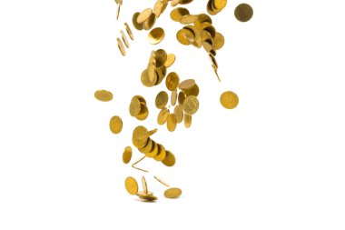 Düşen altın para busin beyaz arka plan üzerinde izole