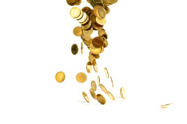 Düşen altın para busin beyaz arka plan üzerinde izole