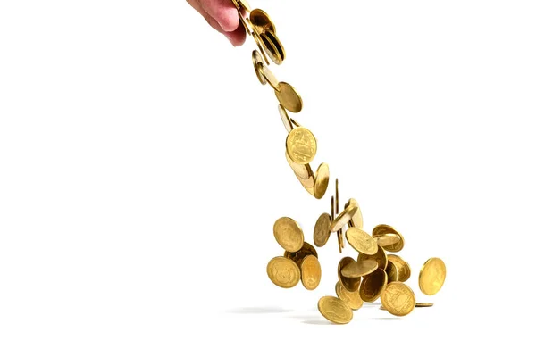 Падение золотые монеты деньги изолированы на белом фоне, busin — стоковое фото