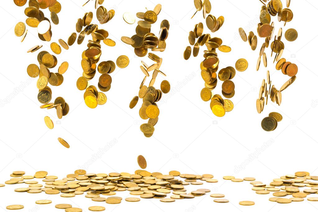 Falling gold coins money isolated on the white background, busin