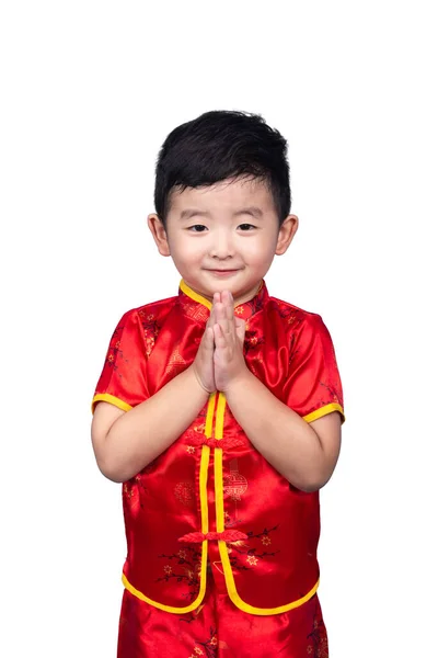 Concept Nouvel Chinois Mignon Garçon Asiatique Costume Chinois Traditionnel Rouge — Photo