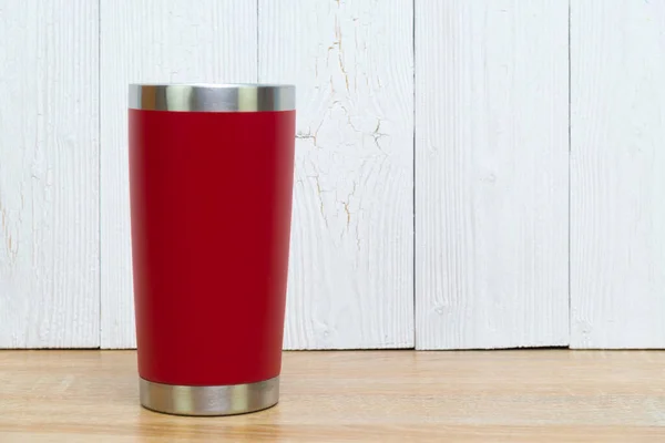 Bicchiere Acciaio Inossidabile Colore Rosso Tazza Conservazione Fredda Calda Fondo — Foto Stock