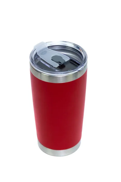 白い背景に隔離された赤い色のステンレス鋼のタンブラーか冷たく熱い貯蔵のコップ — ストック写真
