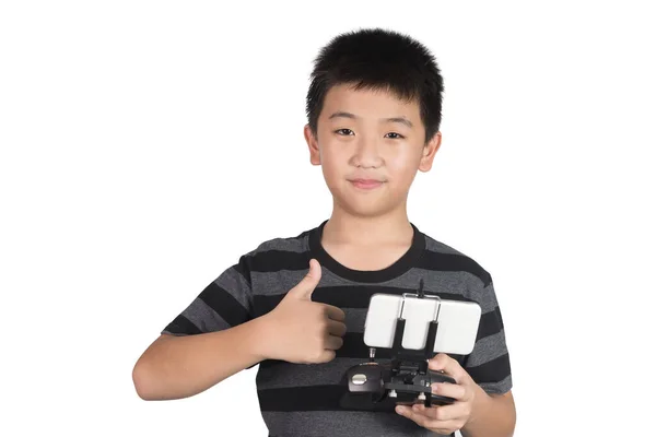 Aziatisch Jongen Met Radio Afstandsbediening Controle Handset Voor Helikopter Drone — Stockfoto