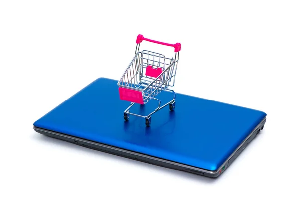 Toko Gerobak Atau Supermarket Troli Dengan Laptop Notebook Terisolasi Pada — Stok Foto