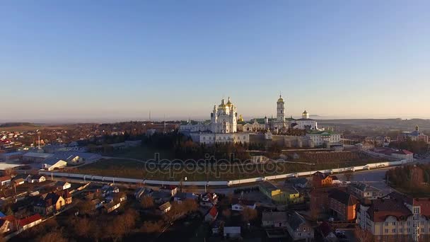 Aerial Pochaev Monastery Orthodox Church Ukraine Pochayiv Lavra Morning Aerial — Stock Video