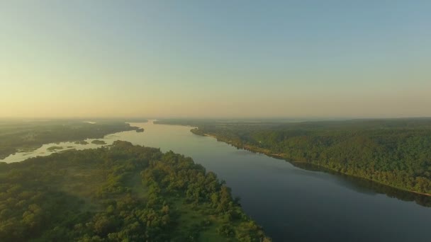 Aerial View River Sunrise Forest River Morning Mist Very High — Stock Video