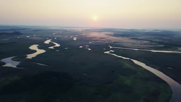 Luchtfoto Van Zonsopgang Boven Rivier Luchtfoto Van Zonsopgang Boven Meren — Stockvideo