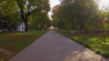 Sabah sonbahar sokak üzerinde uçuş, şafakta sonbahar caddesi üzerinde uçuş, sabah sonbahar parkta Alley, kiliseye sokak üzerinden, sonbahar parkı, Kachanovka sarayı ve orman ağaçları park topluluk üzerinden uçmak