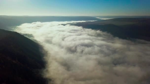 Vlucht Door Wolken Boven Rivier Luchtfoto Van Mist Rivier Bij — Stockvideo