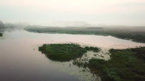 Воздушный Вид Предрассветного Тумана Над Озерами Туман Перед Рассветом Над — стоковое видео