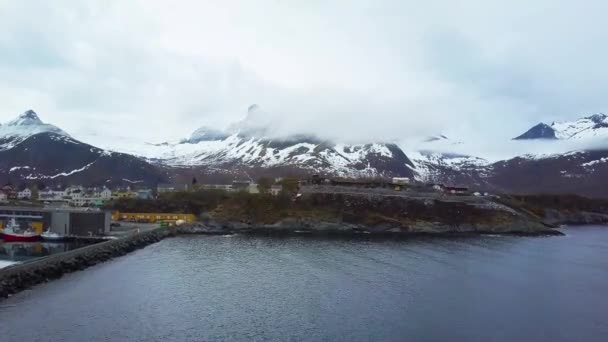 Norveç Küçük Bir Köyünün Hava Manzarası Norveç Hava Manzarası Arktik — Stok video