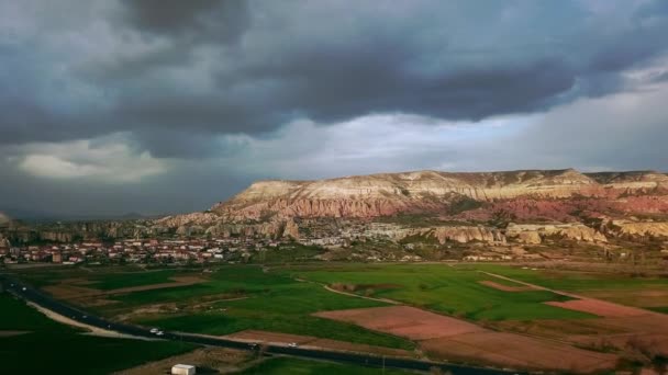 Pemandangan Udara Goreme Dalam Kappadokia Saat Matahari Terbenam Pemandangan Udara — Stok Video