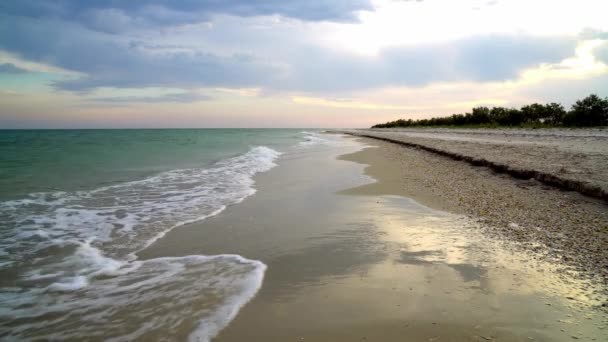 Mořské Pobřeží Večerním Zpomalení Opuštěná Písečná Pláž Moře Při Západu — Stock video