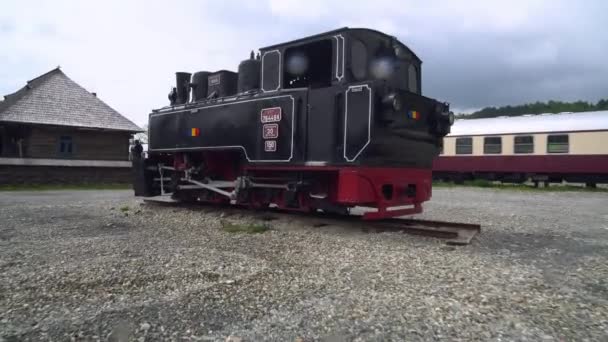 ルーマニアの古い蒸気機関車 蒸気機関車狭軌鉄道 田舎の狭軌鉄道を通る蒸気機関車 — ストック動画