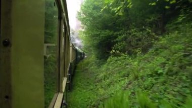Eski bir tren vagonunun penceresinden manzara, Romanya 'da eski bir buhar lokomotifi, buharlı dar ölçü treni, kırsal alanda tıkırdayan buhar treni, dar ölçülü demiryolu.
