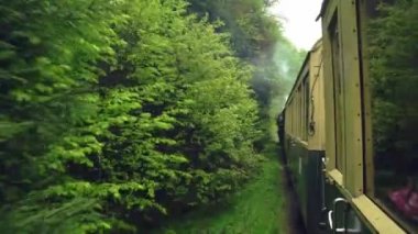 Eski bir tren vagonunun çatısından manzara, Romanya 'da eski bir buhar lokomotifi, buharlı dar ölçü treni, kırsal alanda tıkırdayan buhar treni, dar ölçülü demiryolu.