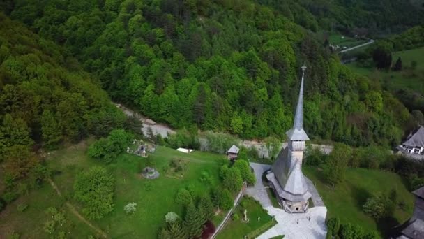 Flygfoto Över Sapanta Peri Kloster Bucovina Rumänien Träkyrka Unesco Världsarv — Stockvideo