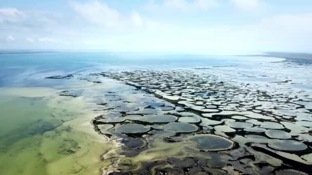 nombreux lacs circulaires sur l'île de Dzharylgach, partie de terres peu profondes avec des marais salés en mer bleue, vue aérienne des lacs ronds près de la mer, vue aérienne de la mer peu profonde et de nombreuses îles, vue aérienne des lacs et de la mer 