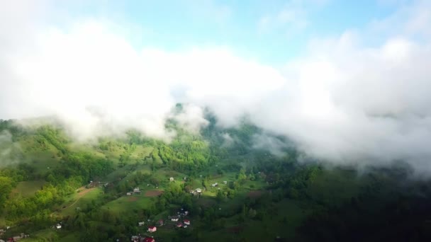 山の中の雲の中の飛行 山の中の朝の雲空中 山の中で朝の霧の空中ビュー 日の出の時間に雲と空の上の空中ビュー カルパチアの山の風景の中の雄大な雲 — ストック動画