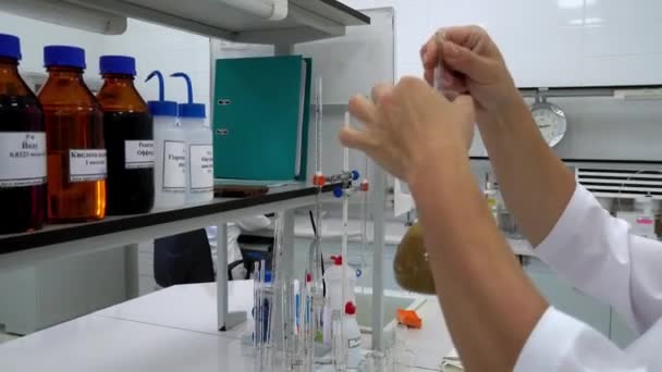 실험실의 실험실 실험실에서 일하는 과학자 실험실 보조원은 플라스크에 시약을 합니다 — 비디오
