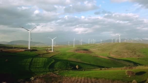 Luftaufnahme Der Windkraftanlage Bei Sonnenuntergang Luftaufnahme Der Sommerlichen Landschaft Mit — Stockvideo