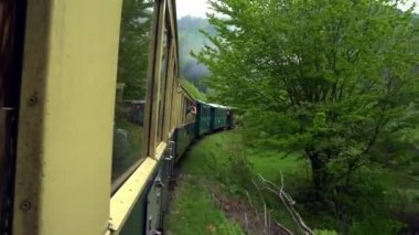 Eski bir tren vagonunun penceresinden manzara, Romanya 'da eski bir buhar lokomotifi, buharlı dar ölçü treni, kırsal alanda tıkırdayan buhar treni, dar ölçülü demiryolu.