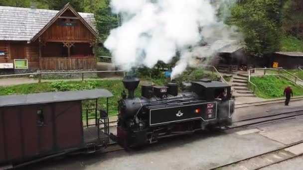 Vista Aérea Antiga Locomotiva Vapor Romênia Trem Bitola Estreita Vapor — Vídeo de Stock