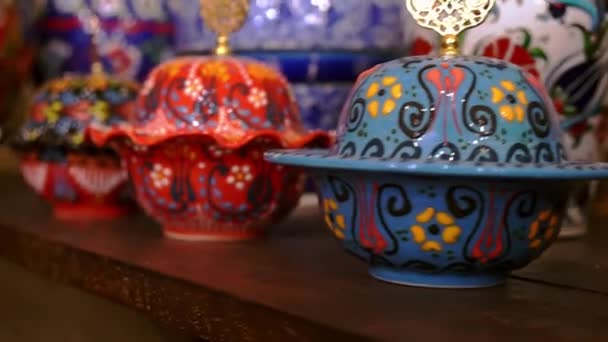 Turkish Pottery Close Turkish Pottery Painting Turkish Painting Pottery Market — Stock Video