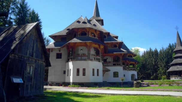 Den Högsta Träkyrkan Världen Flygfoto Över Sapanta Peri Kloster Bucovina — Stockvideo