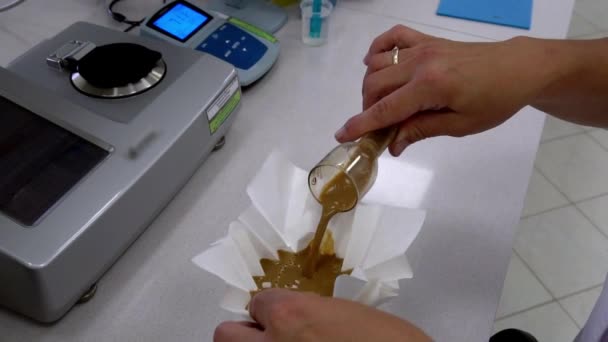 Mujer Científica Trabajando Laboratorio Asistente Laboratorio Filtrando Reactivo Frasco Filtrando — Vídeos de Stock