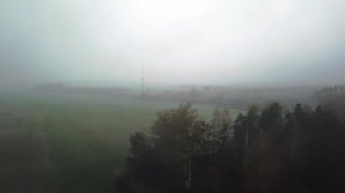 Buğday tarlasının ve sonbahar ormanının sisli manzarası sisli buğday tarlasının havadan görünüşü, sisli tarım sahnesi