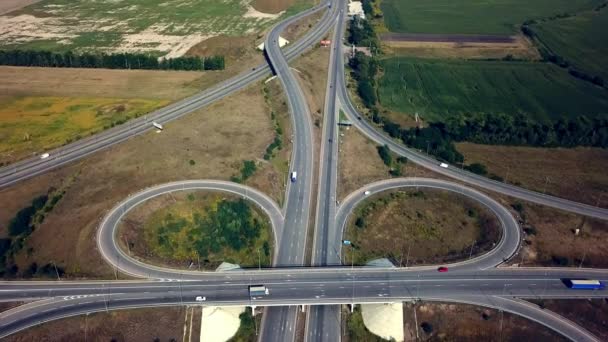 Aerial View Road Junction Large Car Interchange Aerial Shot Route — Stock Video