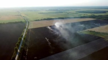 Bir tarlanın üzerindeki yangından çıkan dumanın havadan görünüşü drone çiftçisinin kuru otları yakması, hava sahasında yangın, sonbahar tarlalarında yangın.