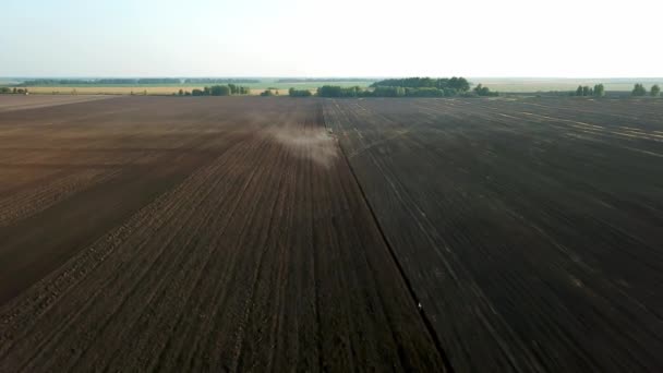 Letecký Pohled Traktor Čápy Oraném Poli Mnoho Bílých Čápů Sledovat — Stock video