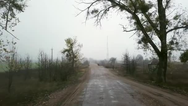 Flight Autumn Road Fog Aerial View Rural Road Mist — Stock Video