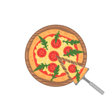 Ahşap Beyaz tahtada Margherita pizzaya. Peynir erime ile dilim. Vektör