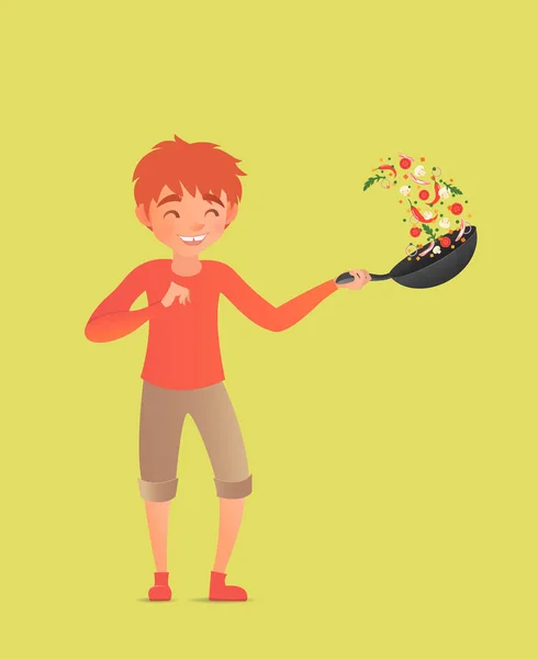 中華鍋で野菜を投げの子。鍋に食品を反転します。ベクトル図. — ストックベクタ