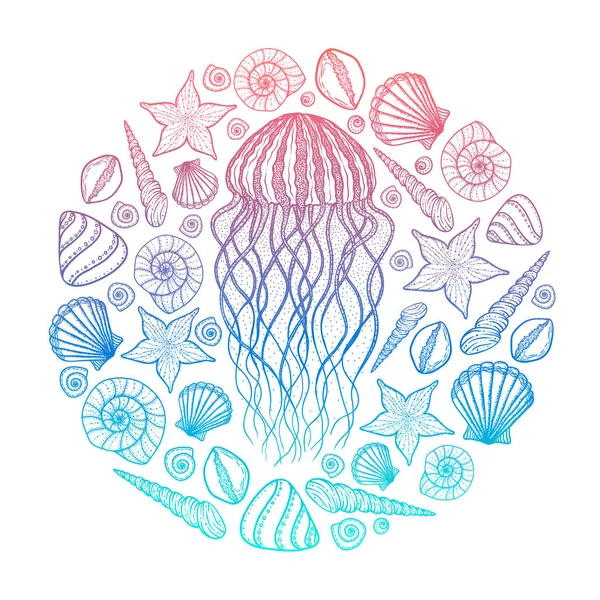 Meduse e conchiglie in linea in stile artistico. Illustrazione vettoriale disegnata a mano. Progettazione per libro da colorare. Set di elementi oceanici — Vettoriale Stock