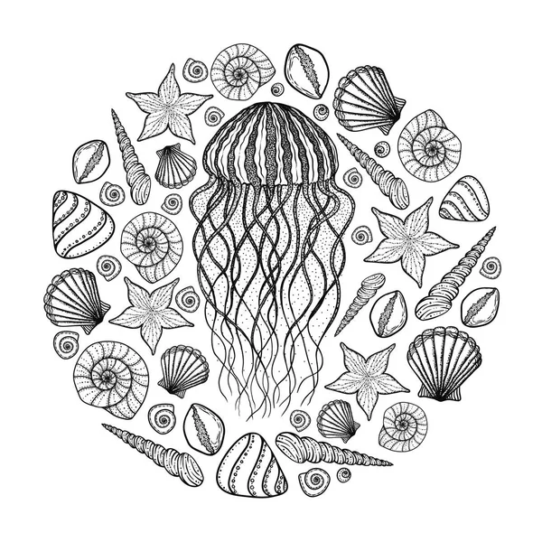 Meduse e conchiglie in linea in stile artistico. Illusione vettoriale disegnata a mano — Vettoriale Stock