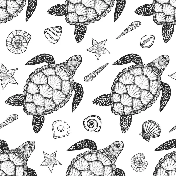 Modello senza cuciture con tartaruga marina e conchiglie in stile art line. Illustrazione vettoriale disegnata a mano. Elementi oceanici — Vettoriale Stock