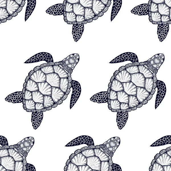 Varrat nélküli mintát tengeri teknős line art stílus. Kézzel rajzolt vektoros illusztráció. Óceán elemek — Stock Vector